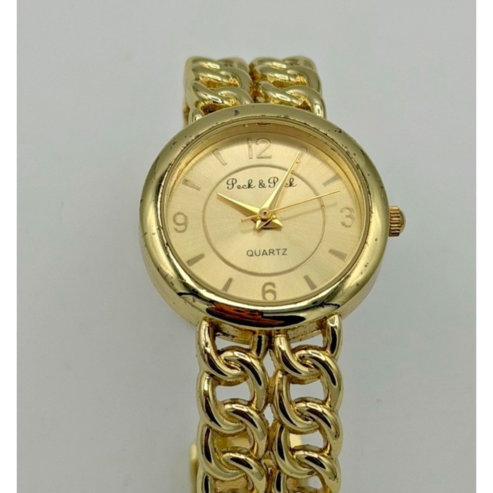 Peck & Peck Gold Tone Bracelet Watch Quartz Women's Chunky Link Cuff Runs‎